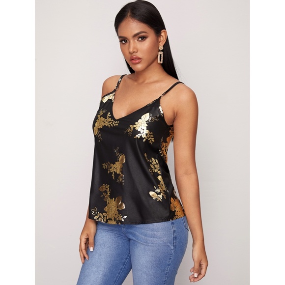Gold on Black Floral Print Cami Top - Picture 4 of 8